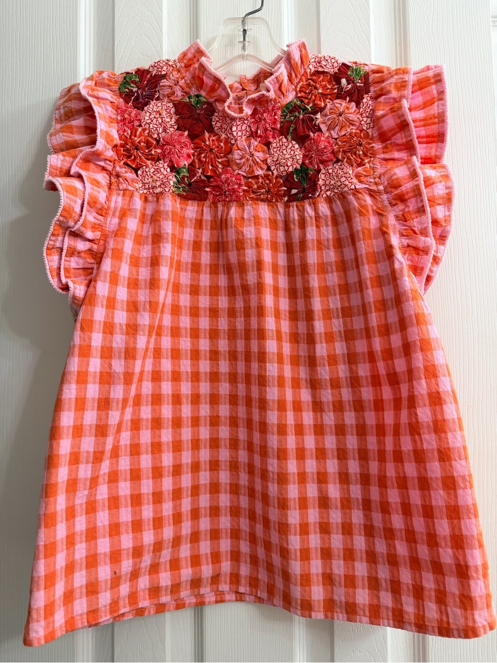 THML Orange and Pink Gingham Floral Smocked Top